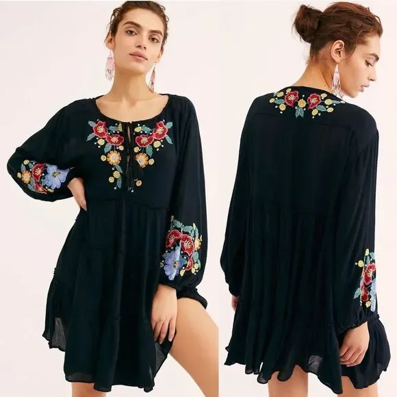 free people embroidered dress black WOMENS FREE PEOPLE BLACK AND PINK EMBROIDERED BOHO BLOUSE SIZE M –  Dragonfly Thrift Boutique